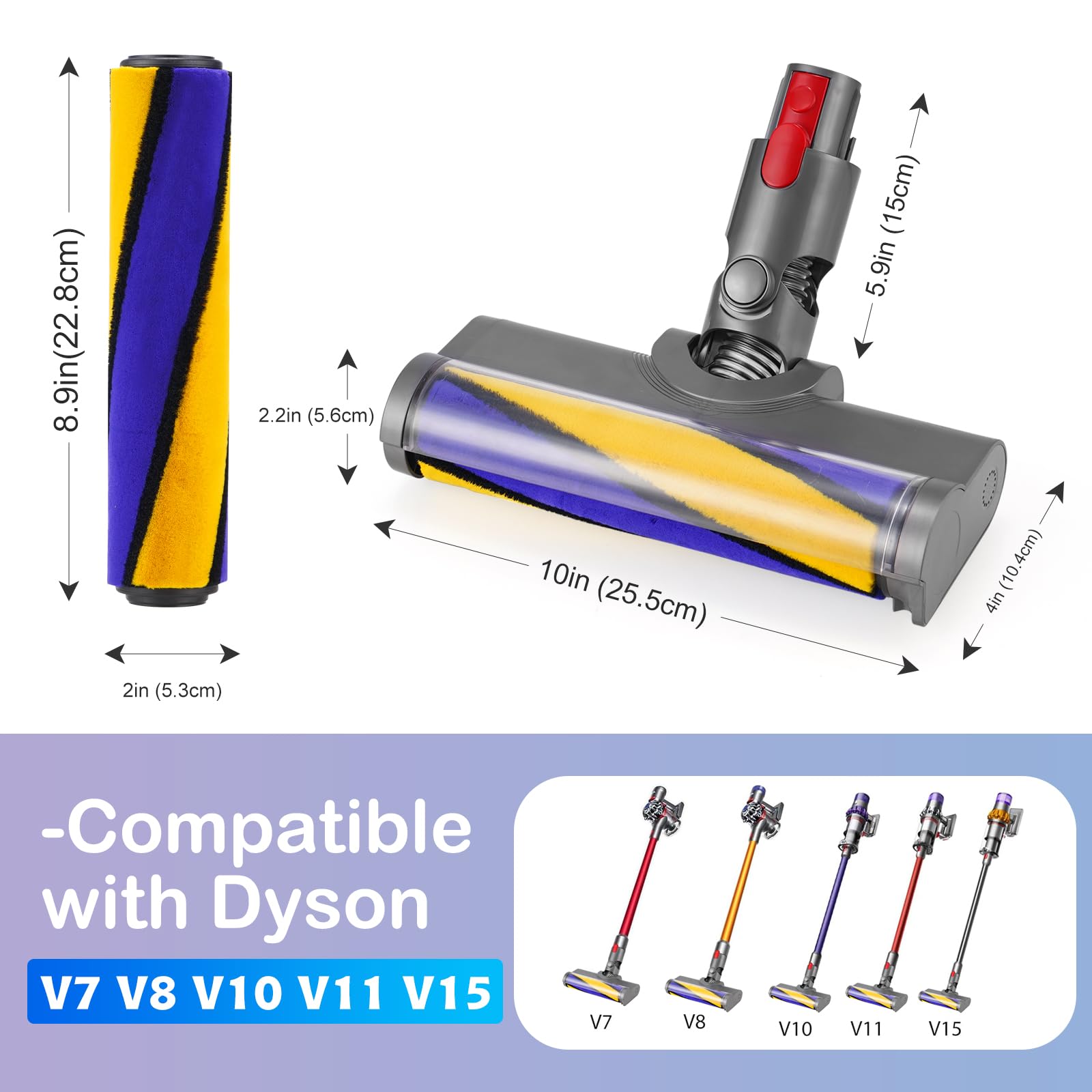 Cabezal de Cepillo Eléctrico para Dyson V7, V8, V10, V11 y V15, Cepillo del Rodillo con Luces LED para Revelar el Polvo Invisible y Rodillo Suave para una Limpieza Eficaz en Suelos Duros