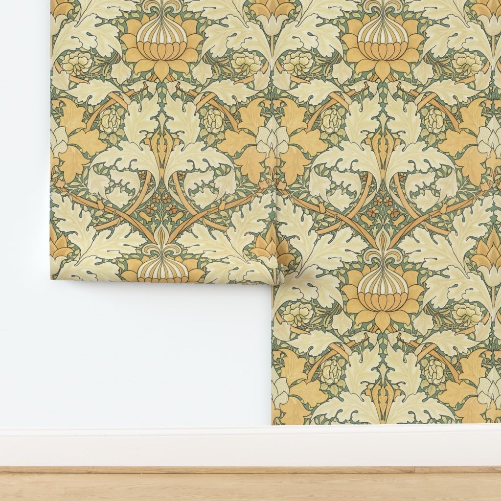 Spoonflower Removable Wallpaper 3ft x 2ft - Damask Green Flowers Floral Antique Victorian Sage Art Nouveau Custom Pre-Pasted Wallpaper
