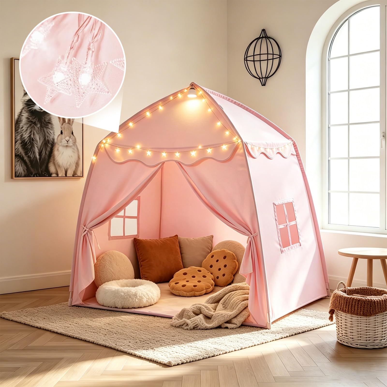 Kinderzelt Indoor Spielhaus Kinder Tipi Zelt für Kinder - Großes Spielzelt Kinder Indoor mit Lichterkette, Faltbar Kinderzelt für Kinderzimmer Oder Garten 150x100x150 cm (PINK)