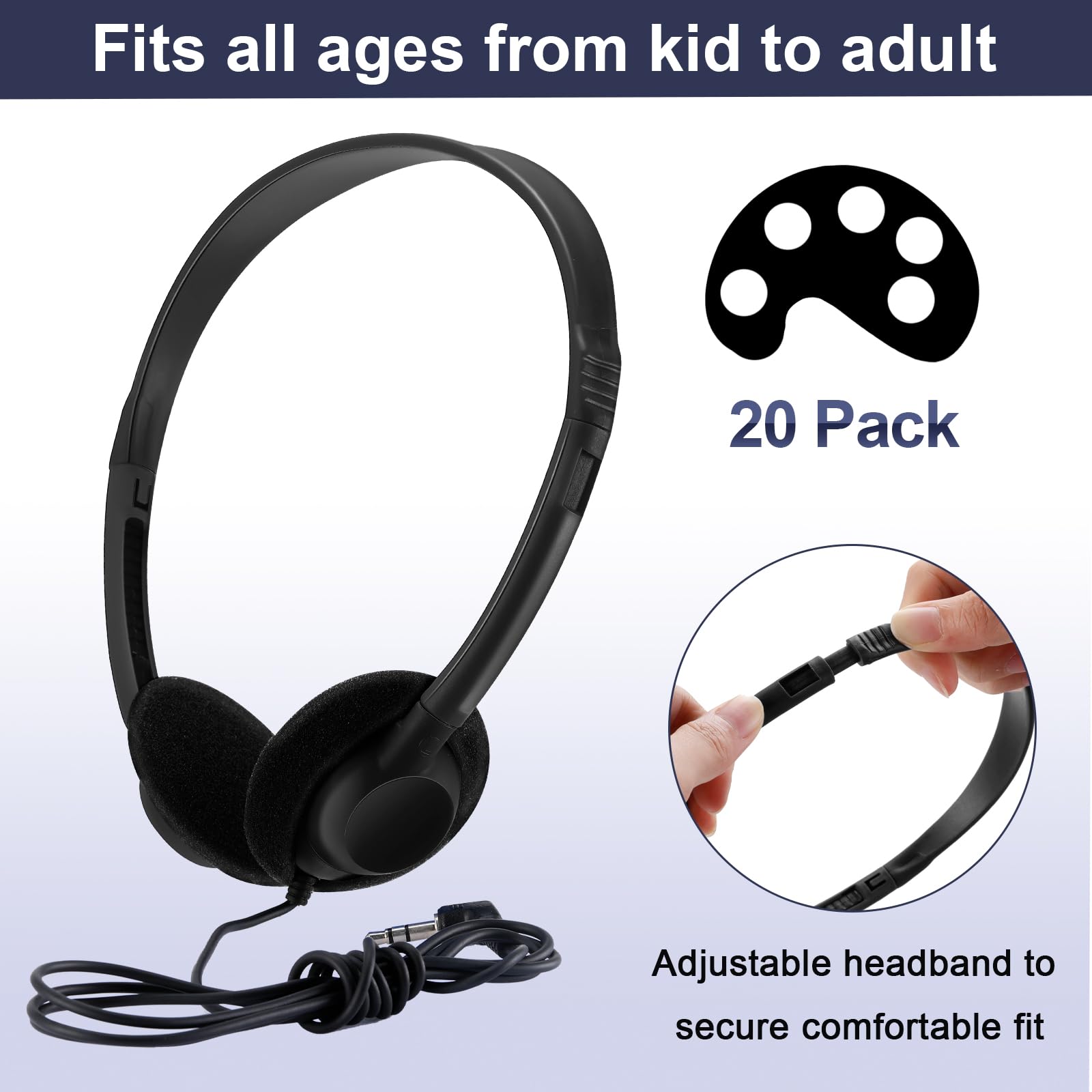 Yunsailing Paquete de 20 auriculares a granel con diadema ajustable, enchufe de 3.5 mm, auriculares para programas de aprendizaje, laboratorio de computación, biblioteca, pruebas y uso multimedia