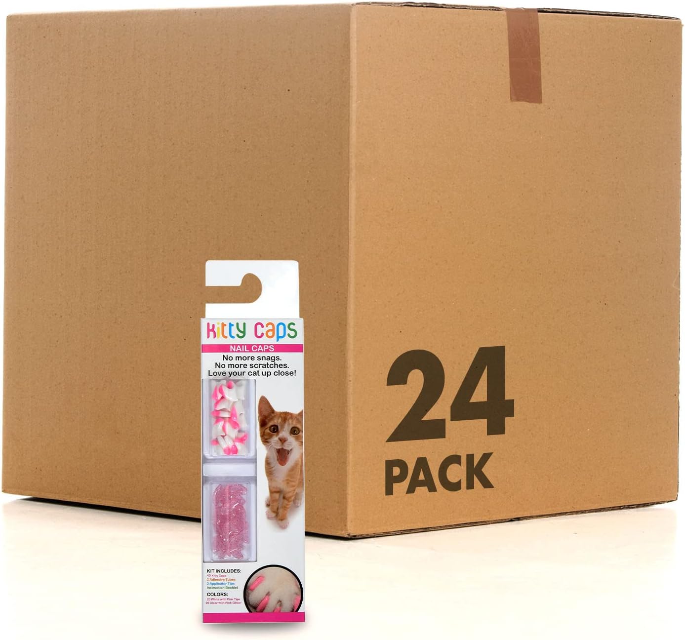 Kitty Caps Nail Caps for Cats | Safe, Stylish & Humane Alternative to Declawing | Stops Snags and Scratches, Medium (9-13 lbs), White with Pink Tips & Clear with Pink Glitter - 24 Pack