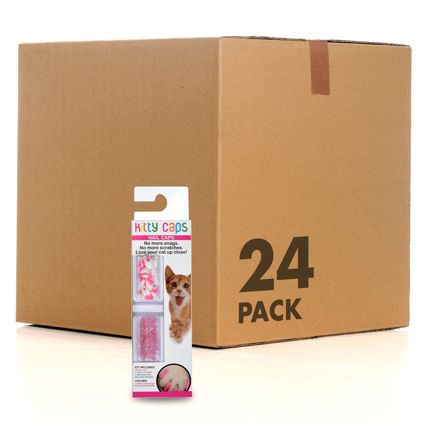 Kitty Caps Nail Caps for Cats, White with Pink Tips & Clear with Pink Glitter - Safe, Stylish & Humane Alternative to Declawing Stops Snags & Scratches, Medium (9-13 lbs), 40 Count - 24 Pack