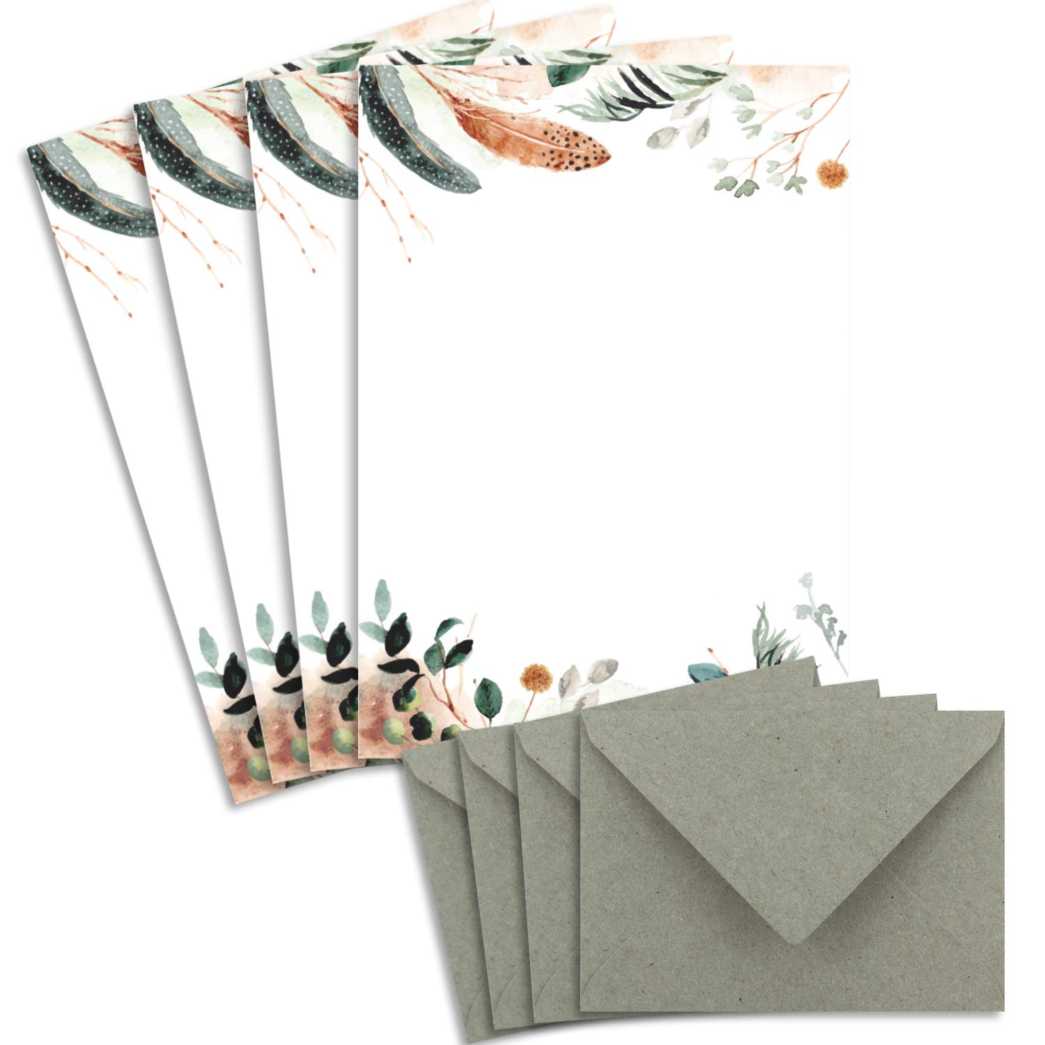 200 juegos de cartas DIN A4 - papel natural en popurrí natural crema con plumas y ramas - con sobres DIN C6 en papel kraft gris y verde papelería imprimible ideal para invitaciones de boda