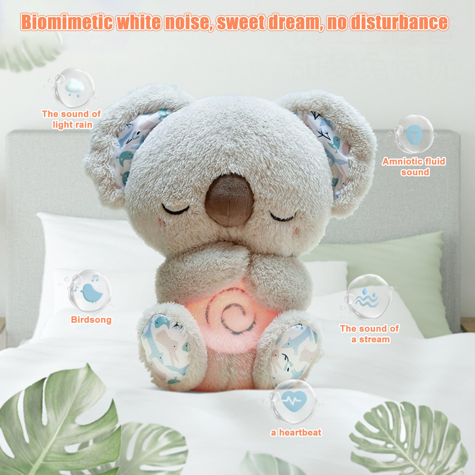 Huggee Koala-knuffel, koala-knuffeldier met hartslag, slaapkoala, sluimerkoala met lichten en zachte muziek, sluimerotter, voor babyshower en pasgeborenen, cadeau, speelgoed