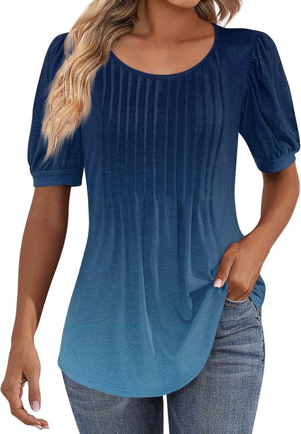 Womens Pleated Summer Tops Puff Short Sleeve Scoop Neck Dressy Blouses Solid Casual Loose Tunic T Shirts