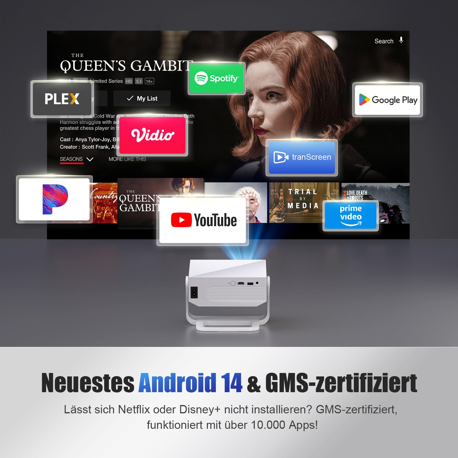 ZDK 2026 Upgrade Mini Beamer Integrierte Apps, Android 14, unterstützt 4K 1080P, Trapezkorrektur, WLAN&BT Beamer 4K Heimkino, Projektor Tragbarer mit um 270° drehbarem Ständer, Kompatibel Laptop/Handy