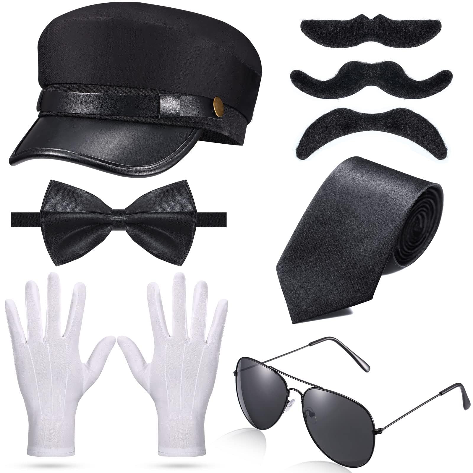 KASTWAVE 8 Pieces Chauffeur Costume Novelty Limo Driver Costume Black Chauffeur Hat Taxi Driver Hat Gloves Bow Tie Self Adhesive Fake Mustaches Beard Glasses