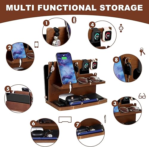 Miniatura 3 de Organizador de escritorio o mesita de noche para hombres, estación de acoplamiento de madera para teléfono, regalos de cumpleaños para marido, día