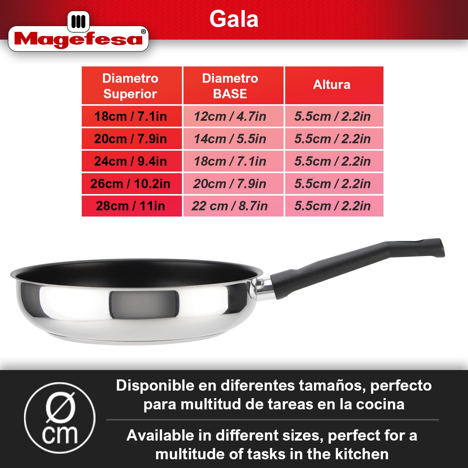 MAGEFESA Deep Gala - Sarten de 28cm, Acero Inoxidable, Libre de PFOA y Metales Pesados, Antiadherente Efecto Piedra, Todas las Cocinas, Inducción