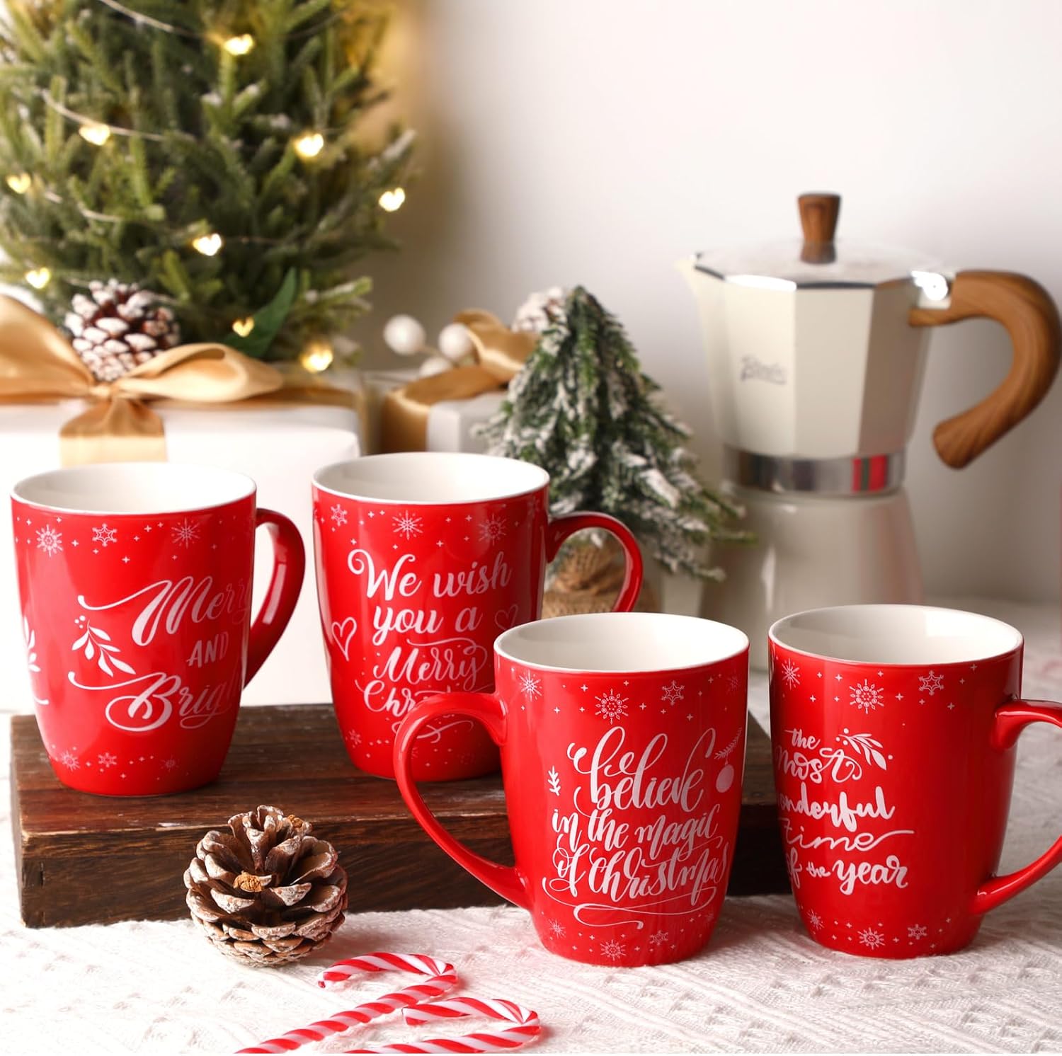4 Pcs Christmas Ceramic Mugs 11.83 oz Red Holiday Coffee Mugs Set Merry Christmas and Bright Stackable Drinking Cup for Coffee Milk Hot Cocoa Xmas Winter
