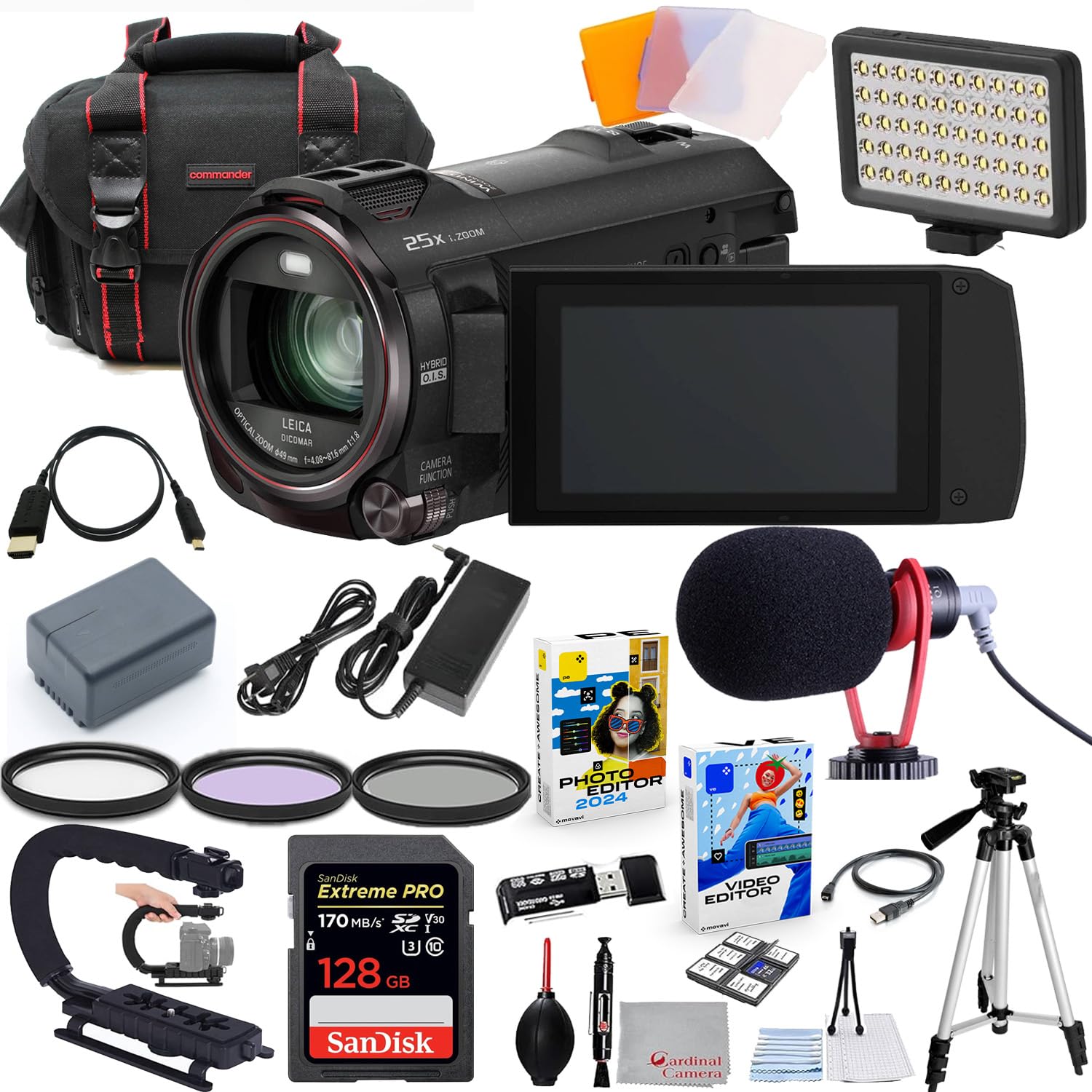PanasonicHC-VX870K 4K Ultra HD Camcorder Bundle + Accessory Package Including 128GB Extreme Pro Memory, LED Light, HD Filters, Carry Bag, Editing Software Package & More (29 Items), Black