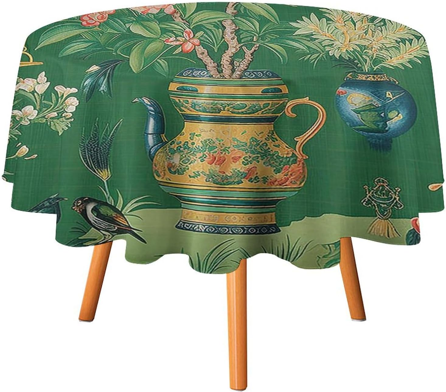 Cheyan Green Red Colorful Chinoiserie Floral Round Tablecloth 70x70in Chinoiserie Asian Style Table Cloth Round Table Cover for Kitchen Dining Room Buffet Banquet Holiday Party Waterproof Table Decor