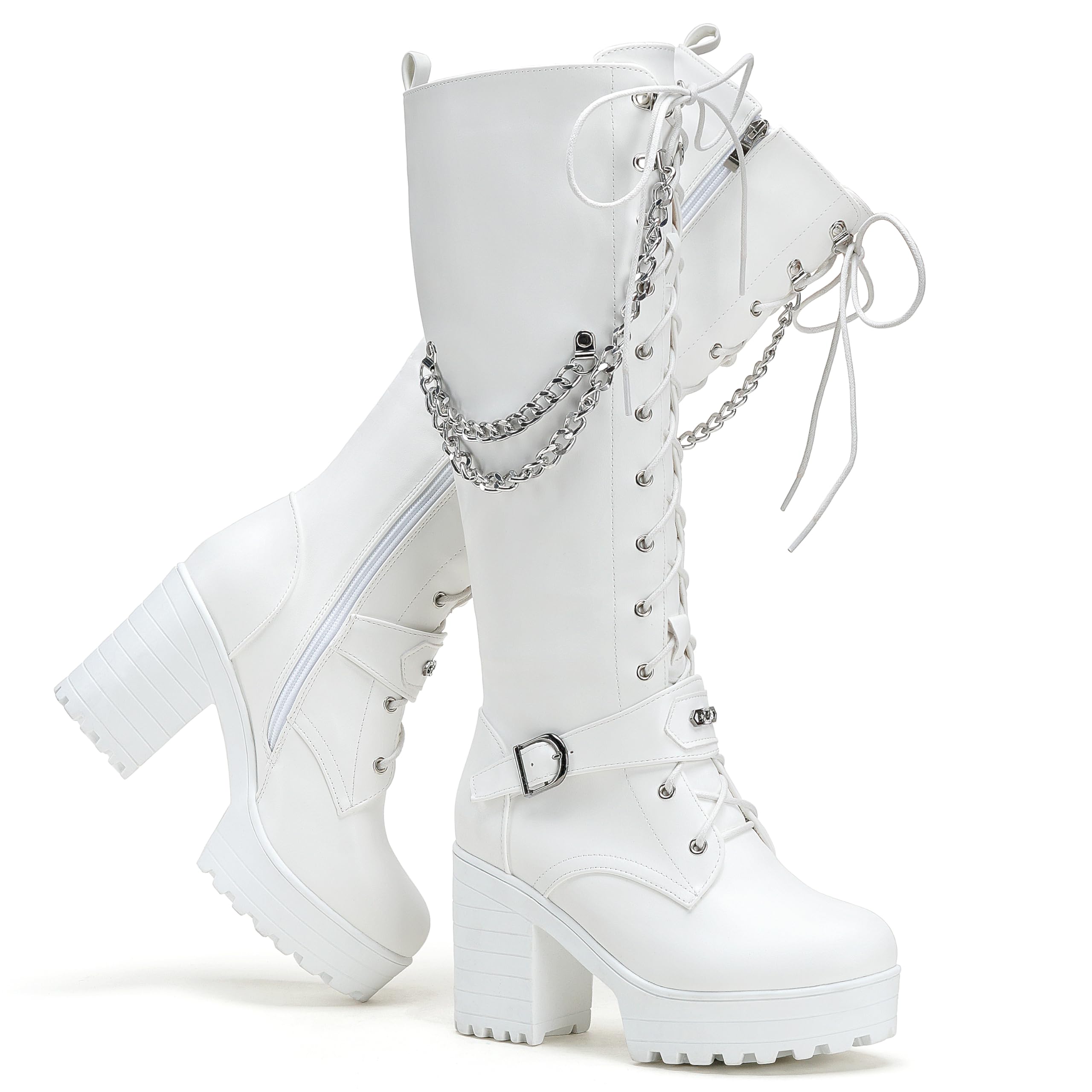 Ladies' Boots Women Fashion Platform Block Heels Knee High Boots Lace up