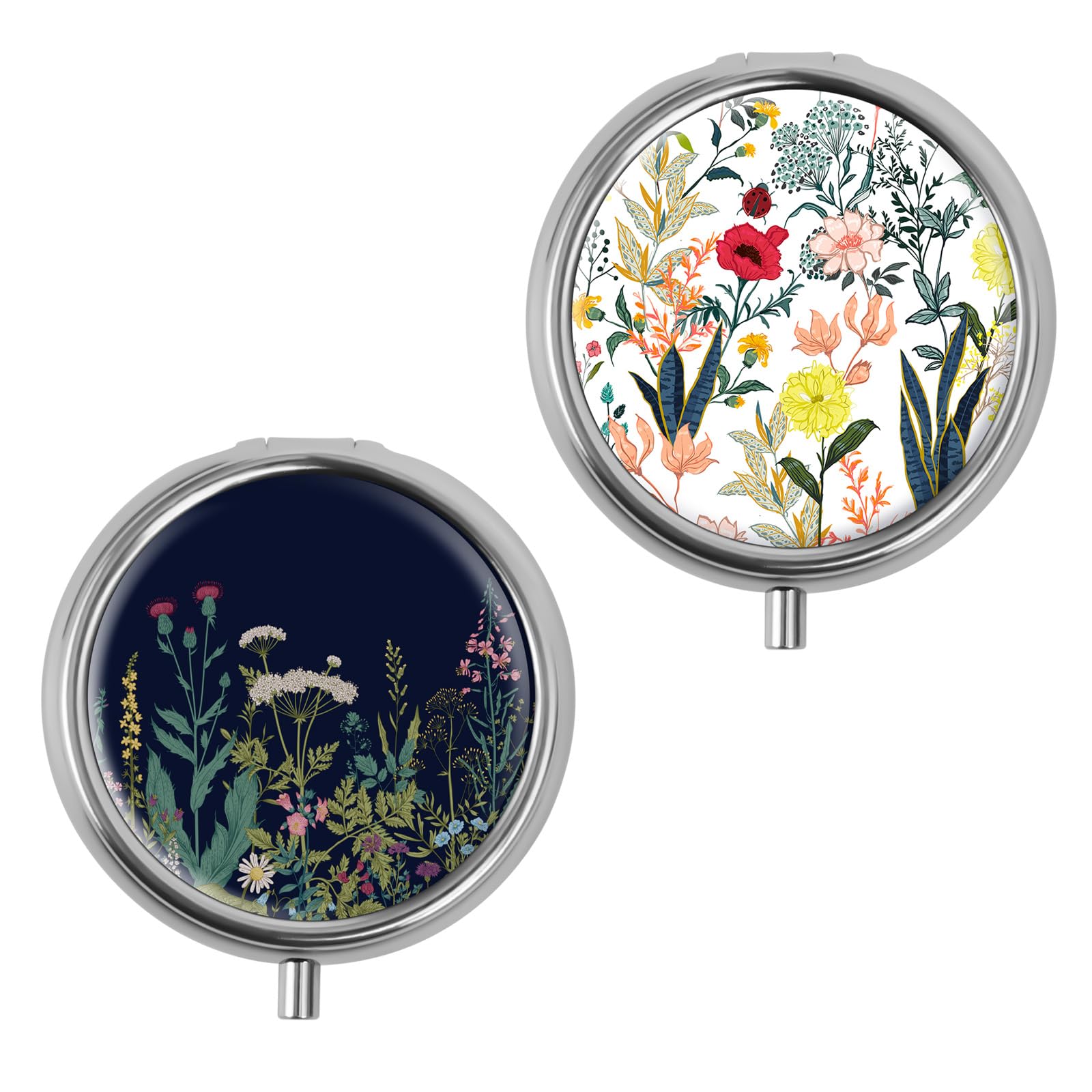 Mini Pill Box, Small Pill Box, Portable Pill Box, Cute Pill Organizer for Vitamins, Medications, Fish Oil and Supplements (White Flowers + Black Flowers)