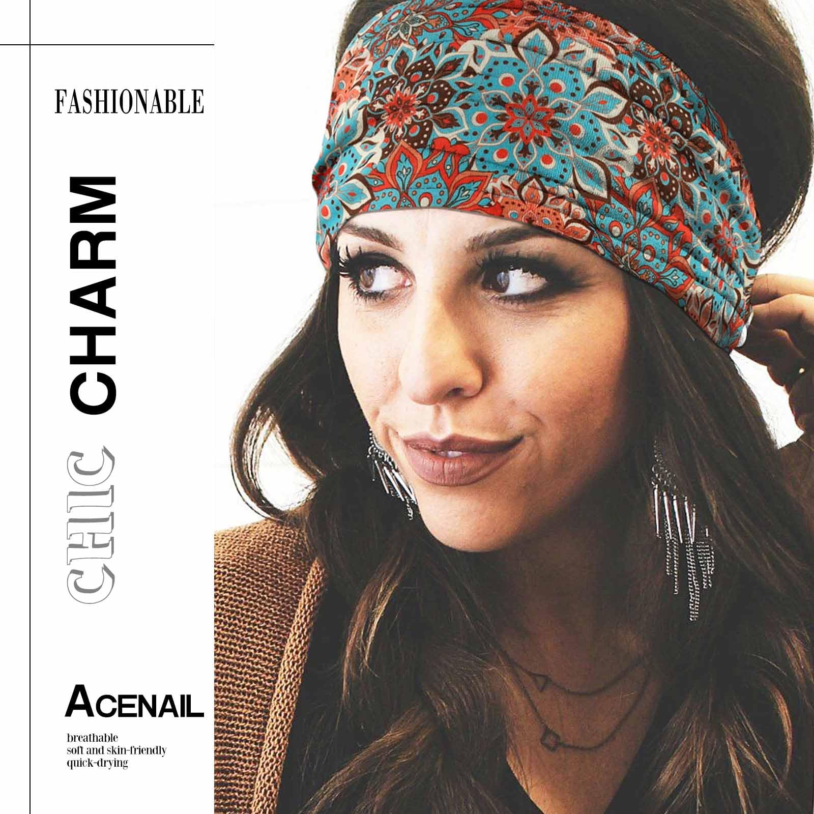 Acenail Breite Stirnbänder für Damen, Boho-Turban, geknotetes Stirnband, Blumenmuster, elastisch, rutschfest, für Workout, Yoga, Kopftuch, Bohemian-Stil, modisches Haarzubehör für Damen, 4 Stück