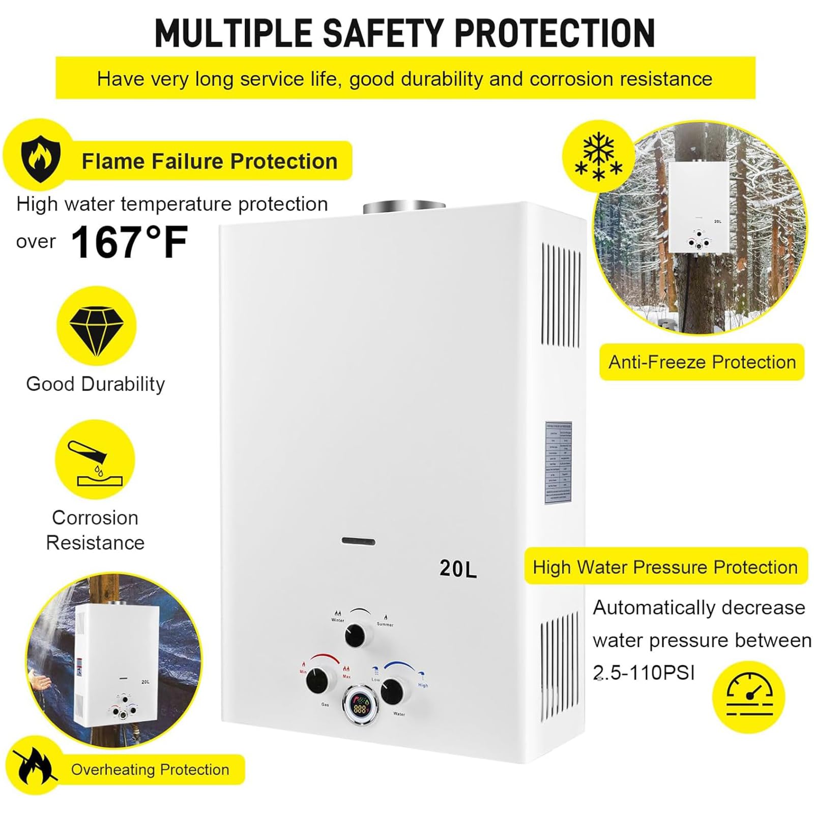 Gas Durchlauferhitzer, 20L Propan-Durchlauferhitzer mit Batteriezündung, Durchlauferhitzer Tankless Water Heater mit Digitalanzeige, Multi-Schutz[Energieklasse A]
