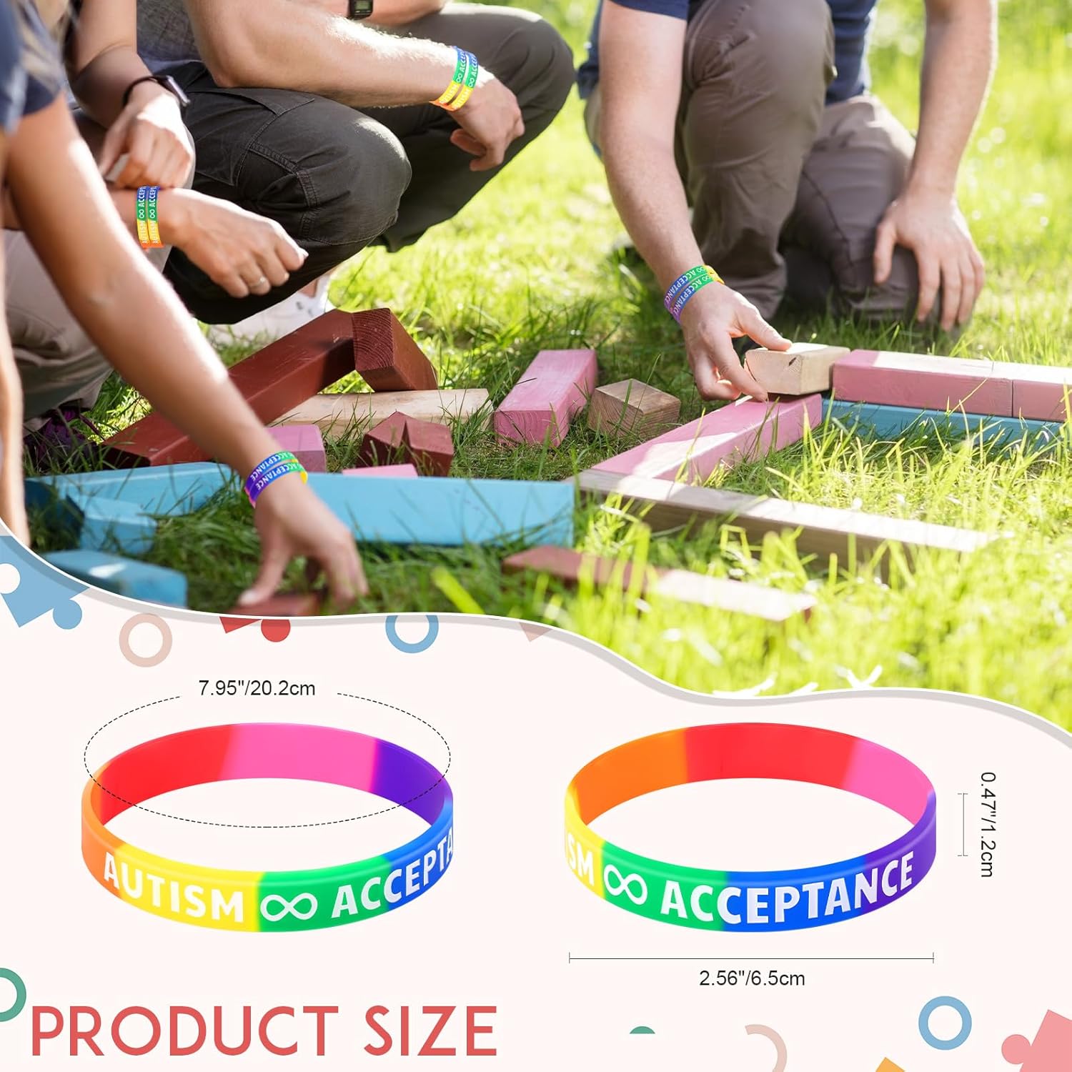 50 Pcs Autism Awareness Silicone Bracelet Inspirational Bracelet Colorful Puzzle Pieces Ribbons Stretch Wristbands for Women Men Gifts, Autism Awareness Accessories Rubber Wristbands Bulk - Image 3
