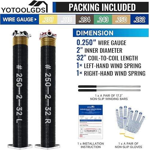 Miniatura 54 de Par de resortes de torsión para puerta de garaje de 2 pulgadas con barras de bobinado antideslizantes y guantes, electroforesis de alta precisión
