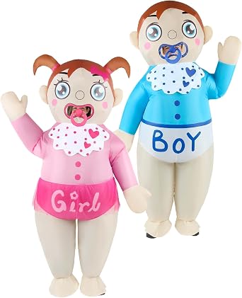 2 Pcs Inflatable Baby Costume for Adults Gender Reveal Blow Up Suit | Funny Baby Shower Costumes Boy Girl Party Outfit Giant Cosplay Pink Blue Blowup Babies Suits for Halloween Themed Holiday