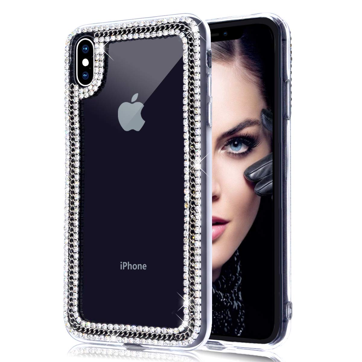 Jesiya for iPhone XR Case 3D Glitter Sparkle Bling Case Luxury Shiny Crystal Rhinestone Diamond Sliver Chain Clear Protective Case Cover for iPhone XR