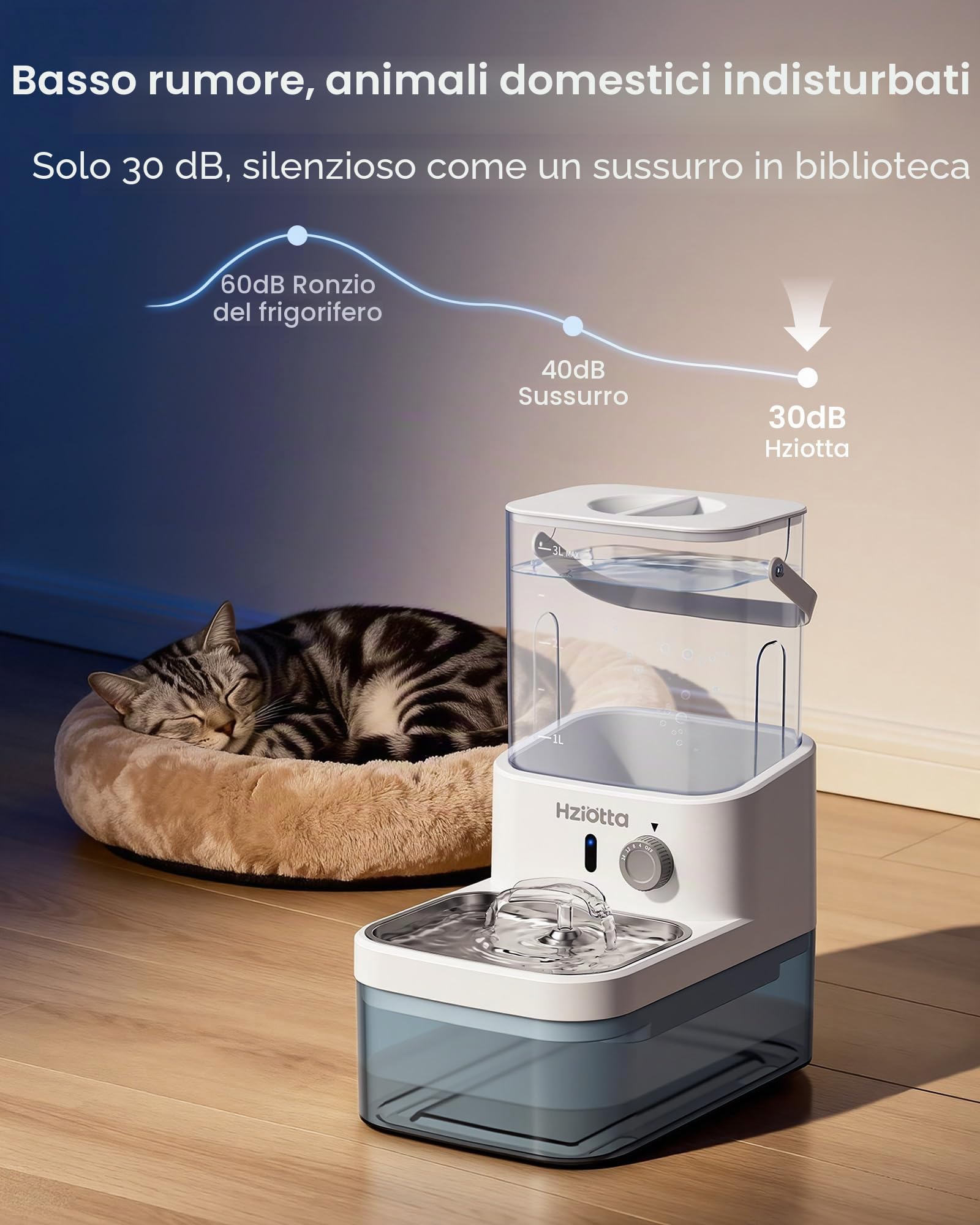 Fontanella per Gatti Senza Filtro Hziotta, 4000mAh 25+ Giorni, 3L Fresca & 2.7L di Scarico Separati, Ultra Silenziosa con Sensore Radar per Gatti e Cani