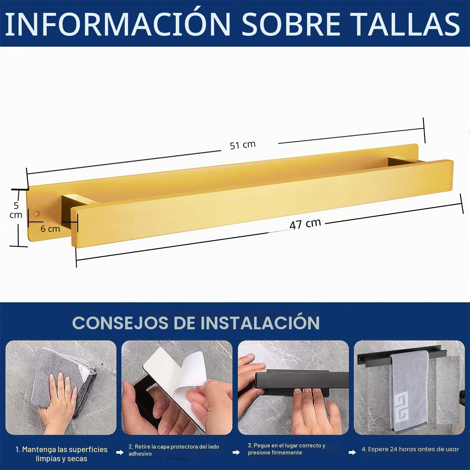 Toallero de baño, toallero, Autoadhesivo o de Montaje con Tornillo, toallero de Acero Inoxidable montado en la Pared, Impermeable y Resistente al óxido, Adecuado para baño, Caravana, Cocina 50cm Oro