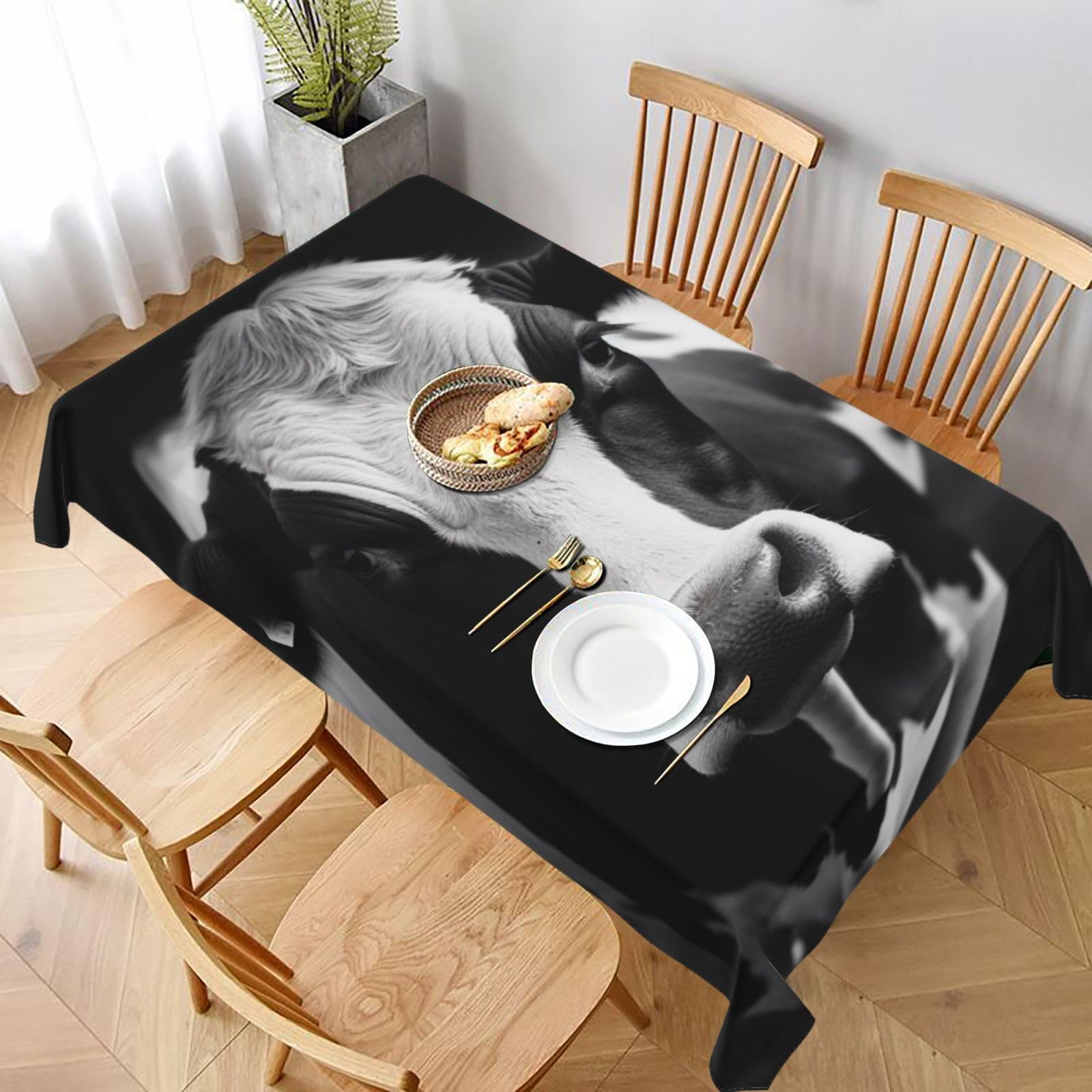 WPKJU Black and White Cow Printed Tablecloth 60x90 in Water Resistant Table Cover Washable Rectangle Table Cloth for Dining Tables