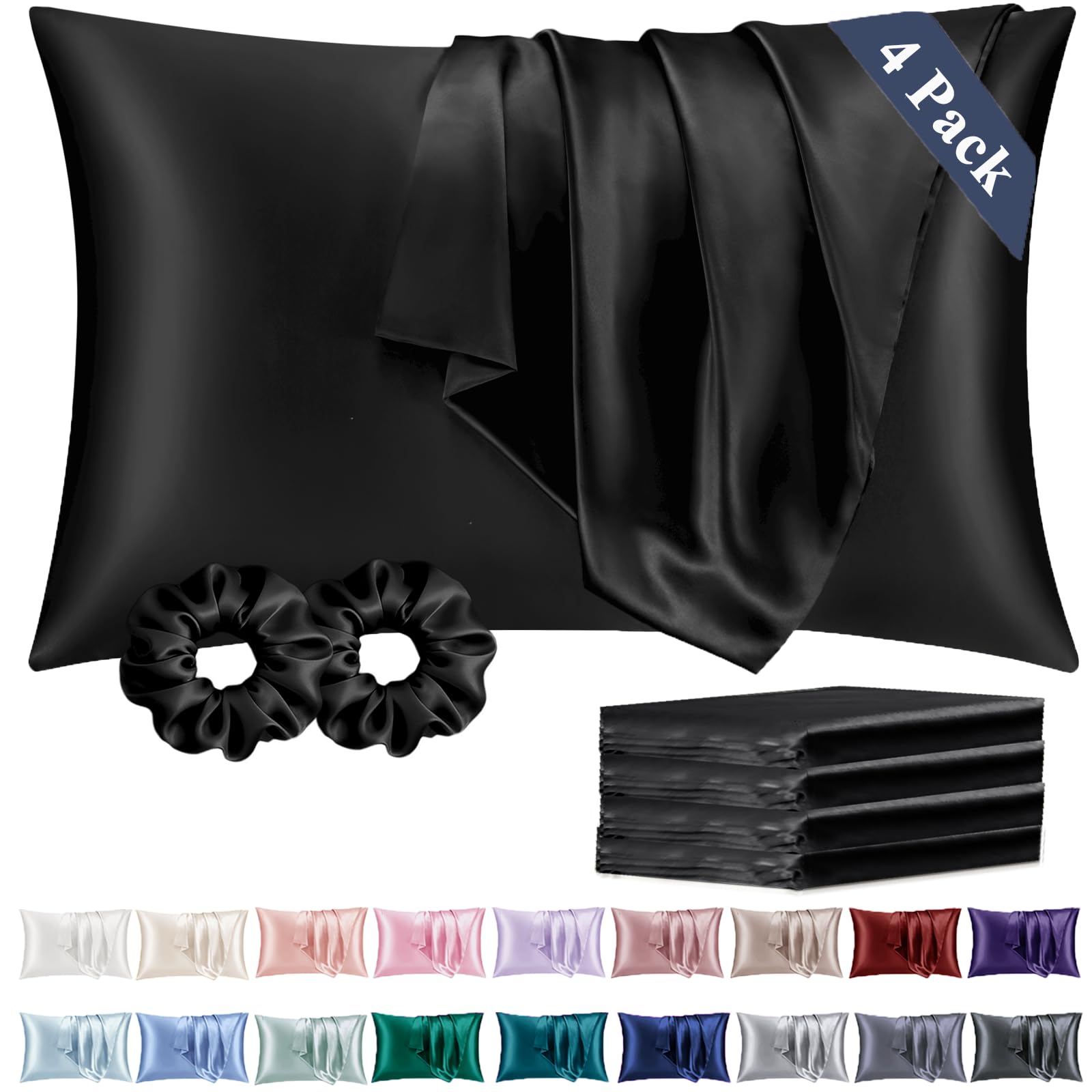 Vielit Standard Satin Pillowcase for Hair 4 Pack, Similar to Silk Pillow Cases, Easier Care Than Silk Pillowcase, Gifts for Women Men - Black, 20x26 & Envelope Closure and 2 Satin Scrunchies — image 1