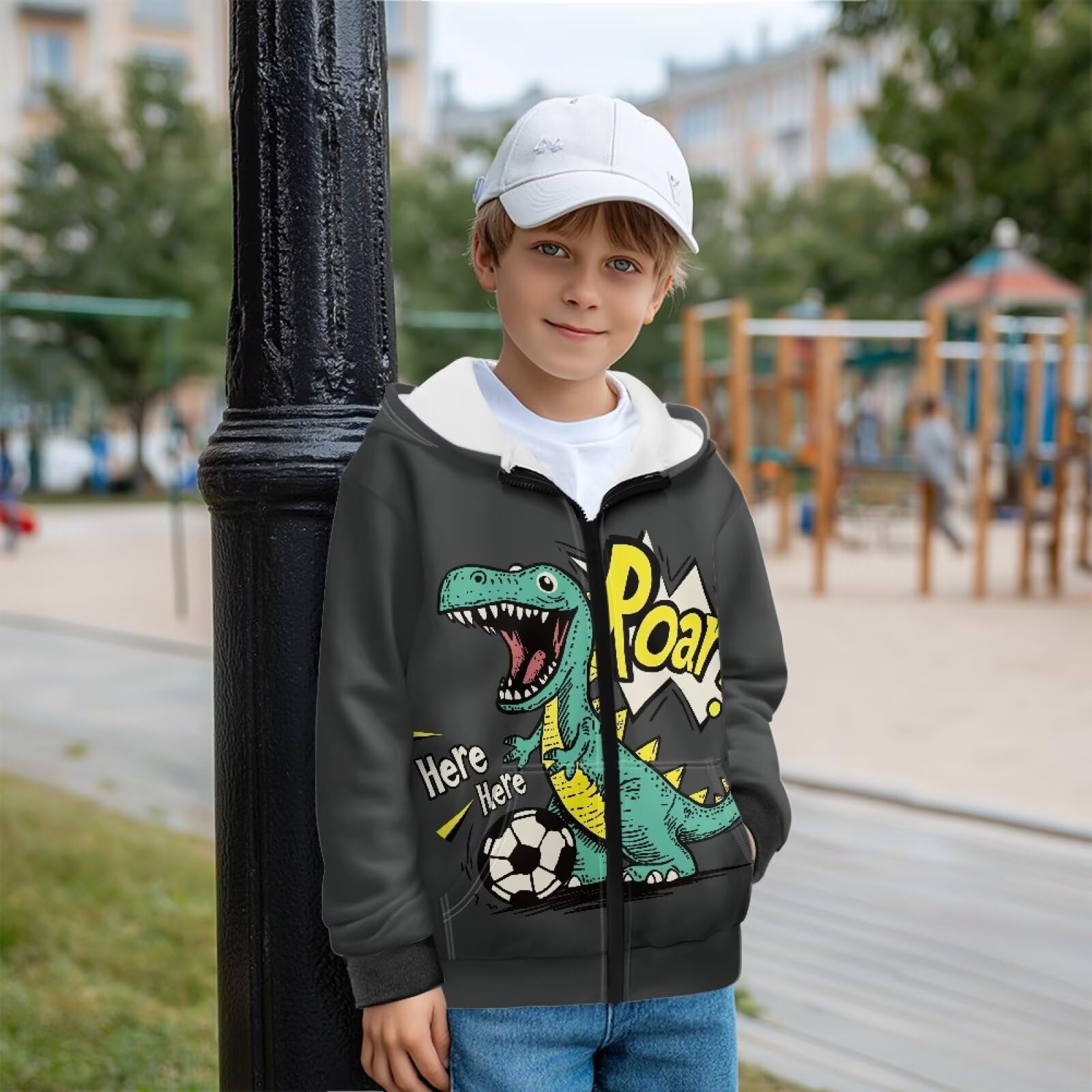 Xoenoiee Dziecięce bluzy z kapturem dla chłopców, zapinana na zamek, bluza 3D, fajna grafika zwierzęca, sweter z długim rękawem, top na jesień i zimę, Czarna kreskówka dinozaur piłka nożna, 12-14