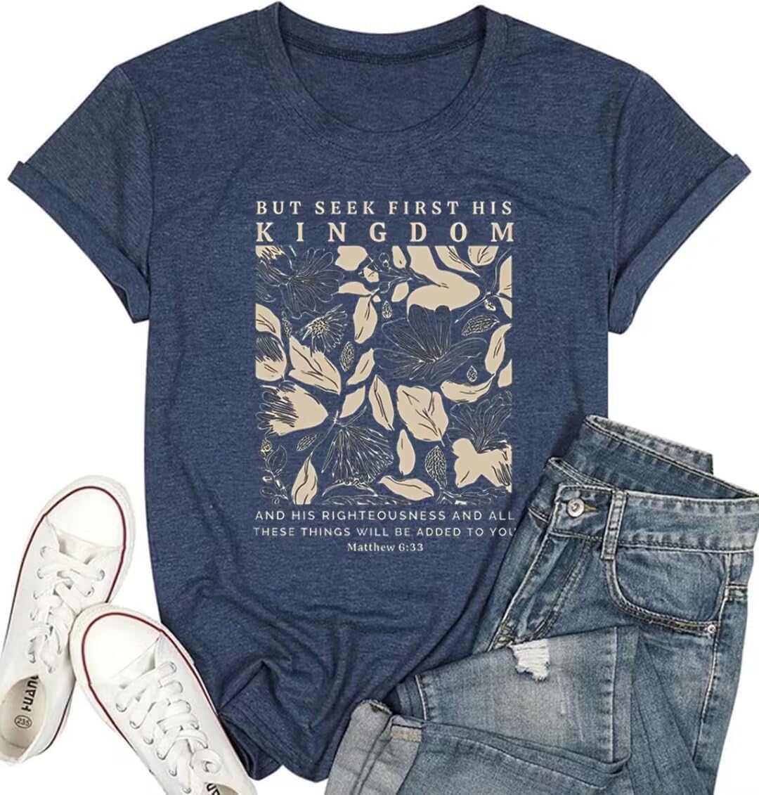 Women's Christian Bible Verse T Shirts Vintage Boho Wildflowers Graphic Short Sleeve Crewneck Floral Religious Tee Tops