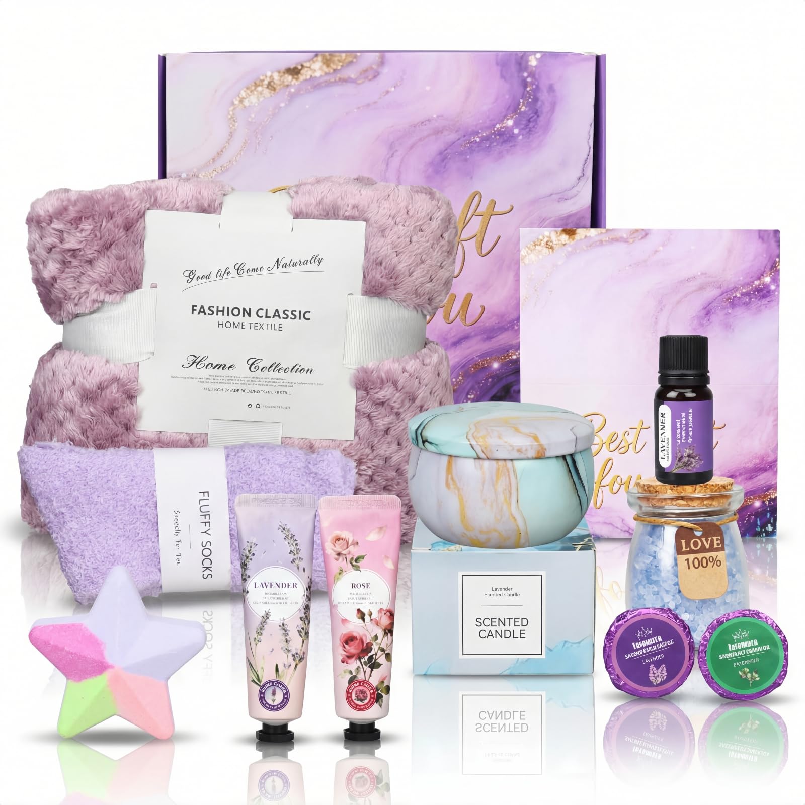 Fafamara Valentines Day Gifts for Her Daughter Girlfriend Wife, Get Well Soon Baskets,Self Care Birthday Gifts for Women Self Care, Lavender Relaxing Spa Bath Gift Basket Package with Flannel Blanket