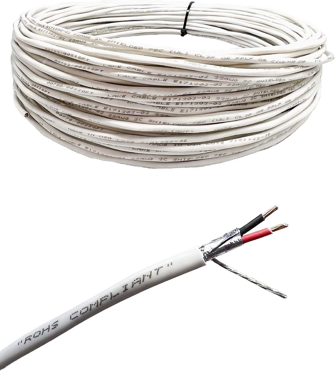Custom Cable Connection 22 AWG 2 Conductor Stranded Shielded Plenum Cable White CL3P Jacket for Security/Alarm/Access Control/Sound - 100 Foot Roll in a Bag
