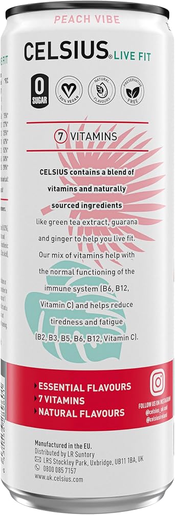 CELSIUS Sparkling Peach Vibe, Refreshing Energy Drink, 335ml (Pack of 12)