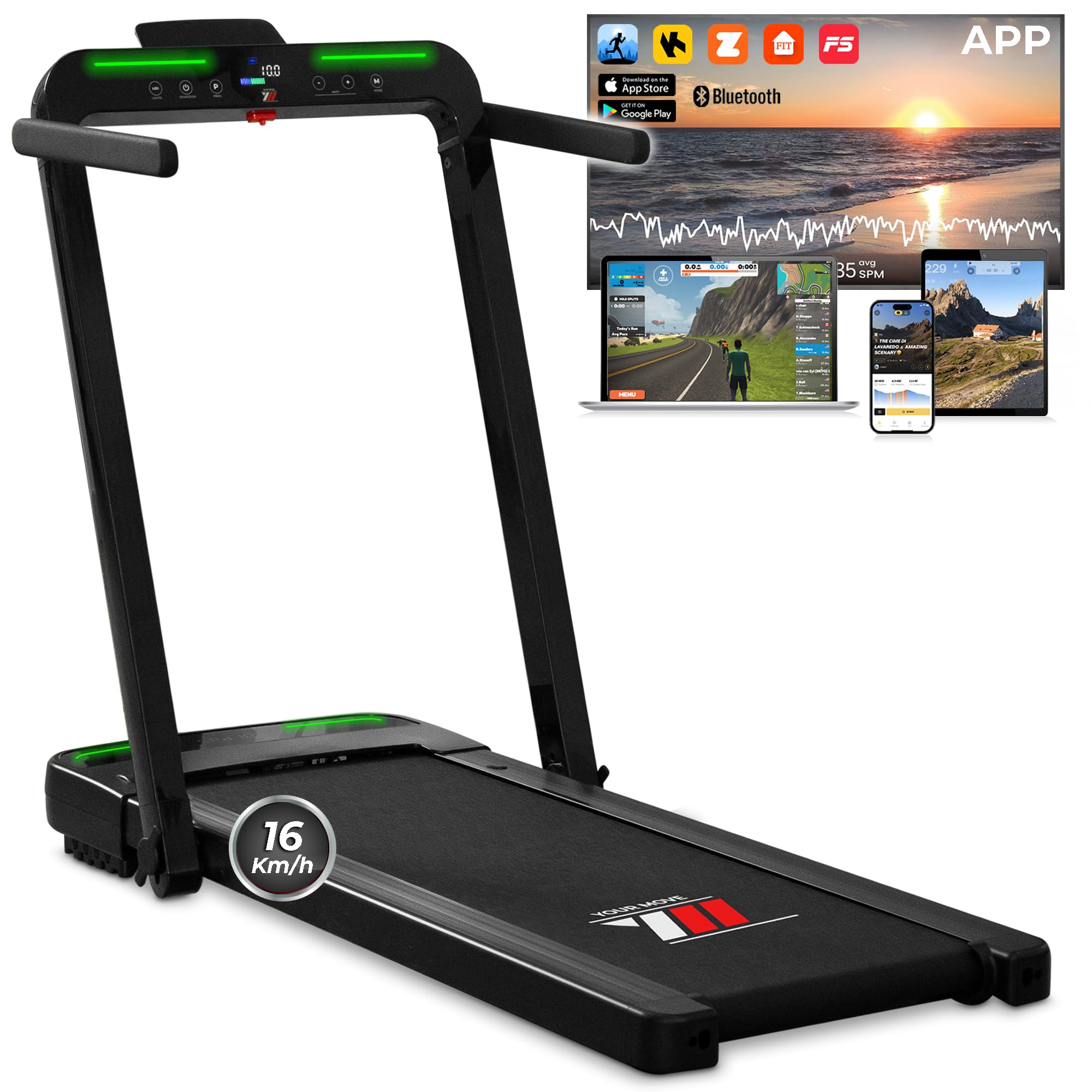 YM Tapis Roulant Elettrico Pieghevole Next 6000, 16 km/h, MARCHIO ITALIANO, Salvaspazio, Bluetooth + APP Interattive Kinomap Zwift Bitgym Fithome, Super Compatto (13 cm Da Chiuso), ASSISTENZA ITALIA