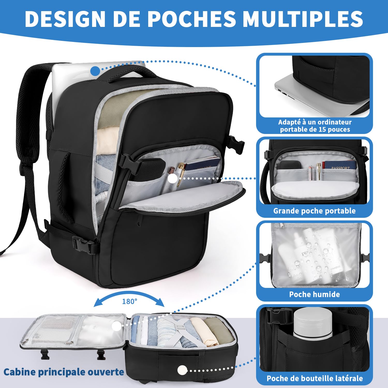 VSNOON Bagage cabine 40x30x20, 24L Sac a Dos Voyage Cabine Avion, Sac à Dos Ordinateur 15 Pouces pour Ryanair, Wizz Air, Transavia, étanche Sac Cabine Pour Homme, Noir