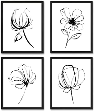 Black White Flower Wall Art Print UNFRAMED 8x10, Simple Brush Drawing Floral Poster for Bedroom, Home Office Decor, Living room Artwork, Modern Kitchen, Farmhouse Aesthetic
