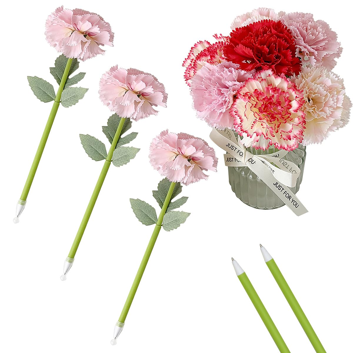 12Pcs Creative Artificial Flowers Ballpoint Pen Carnation Flower Pens Blue Ink Pen for Valentines Wedding Decorations Office School Supplies - Pink