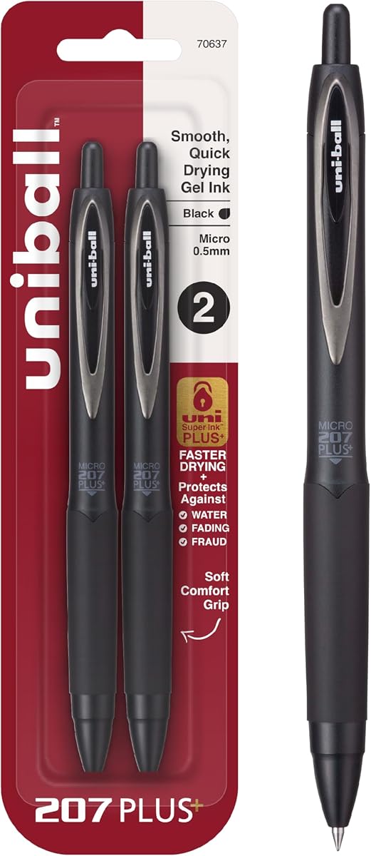 uniball™ 207 Plus+ Gel Pens, Black Ink, 0.5mm Micro Point, 2 Count | Retractable, Faster-Drying, Smooth Writing, Smear-Resistant, uni Super Ink™ Plus+
