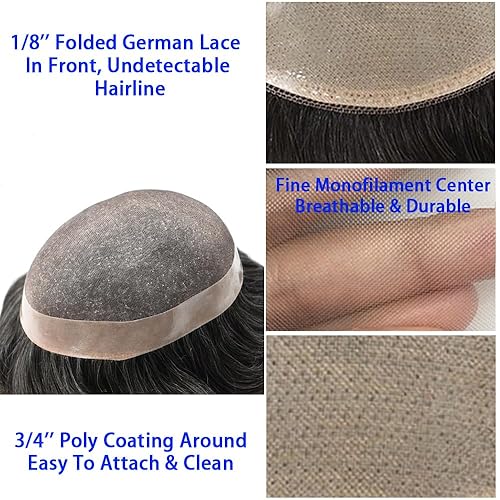 Miniatura 9 de Tupé para hombres, piezas de cabello para hombres, uniones de poliuretano alrededor de cinta fácil para hombre, tupé, negro, gris, marrón, rubio,