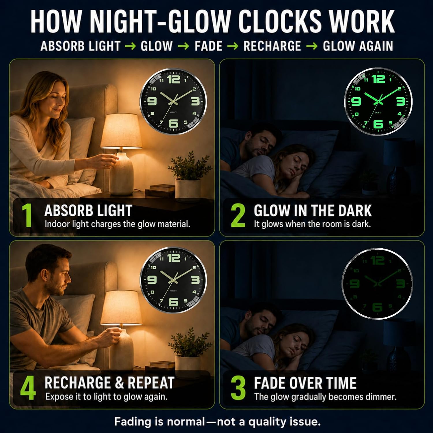 9.8-inch wall clock with metal frame,illuminated and silent (Black 12)