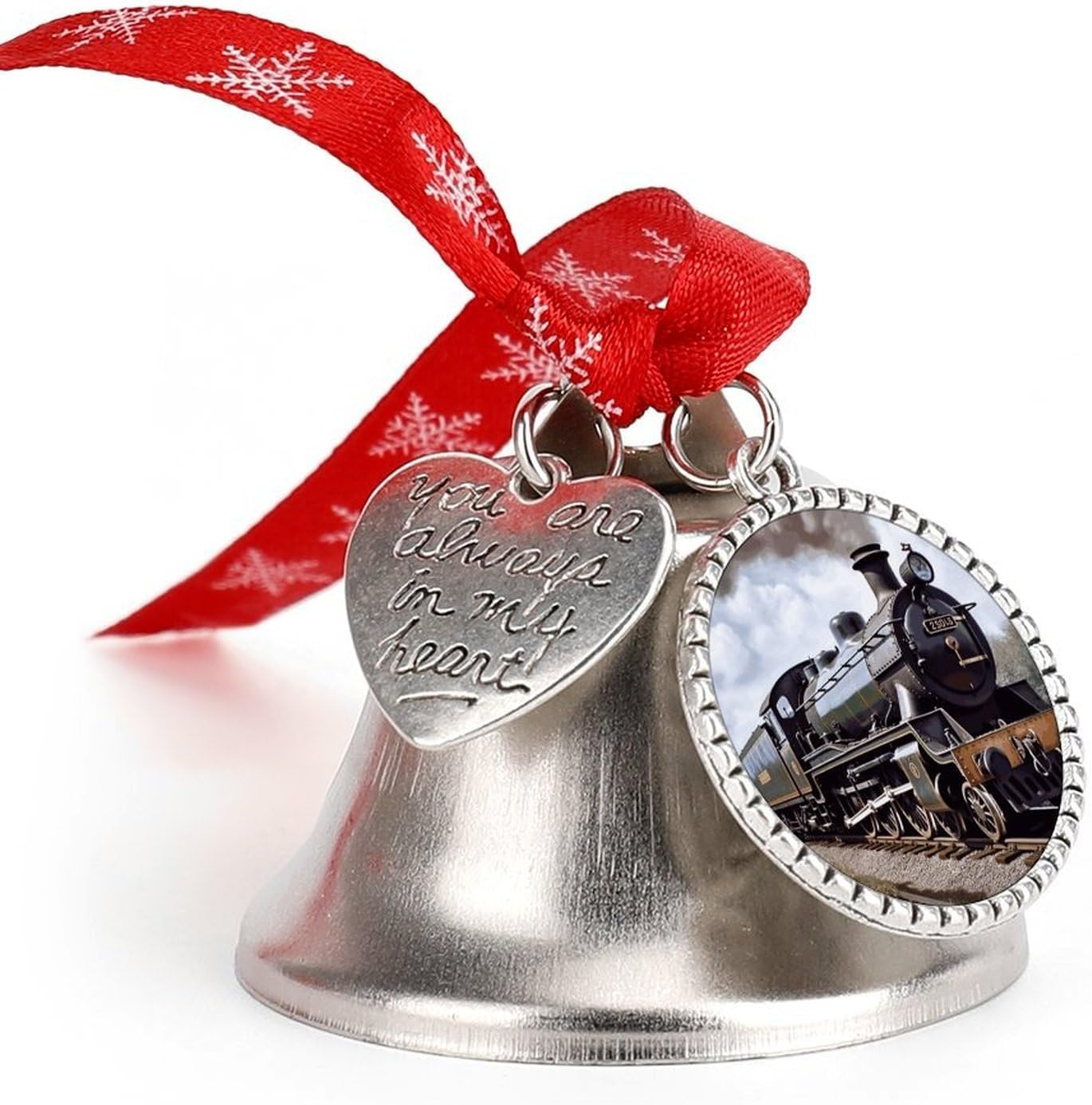 Steam Locomotive Train Bell Ornament Red Ribbon for Christmas Tree Holiday Decoration Personality Believe Bell Ornaments Sleigh Bells for Winter New Year Party Supplies