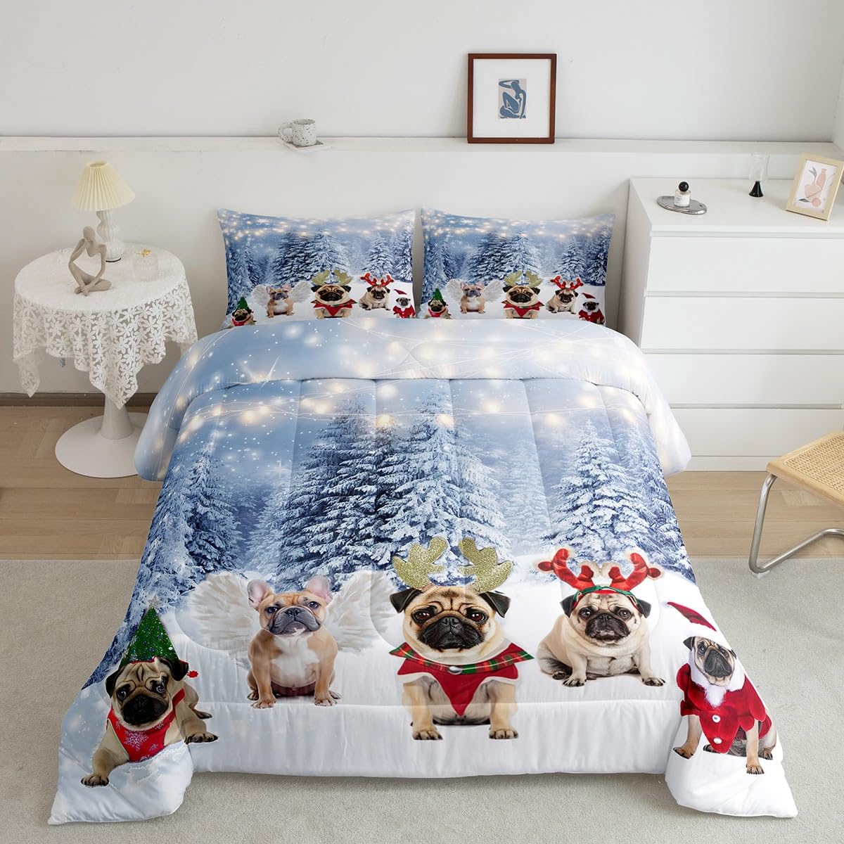 Feelyou Dog Xmas Print Comforter Cute Pug Dog Christmas Tree Style Bedding Set 3D Animal Theme Comforter Set for Boys Girls Children Teens Bedroom Decor White Blue Duvet Set Full Size