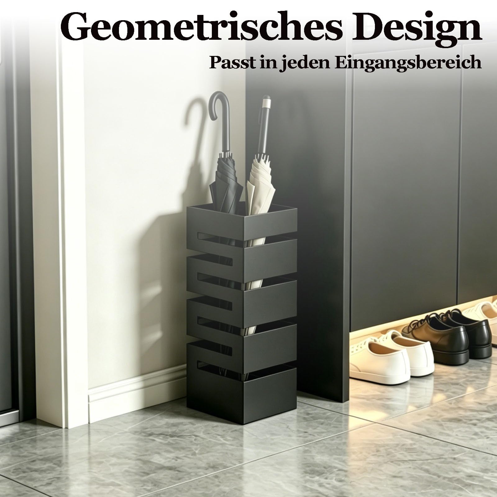 Regenschirmständer aus Metall, Moderner Regenschirmständer aus Metall, Schirmständer für Innen und Außenbereiche,Quadratisch Schirmständer, 16 x 16 x 42 cm für Eingang zu Hause und Büro (Schwarz)