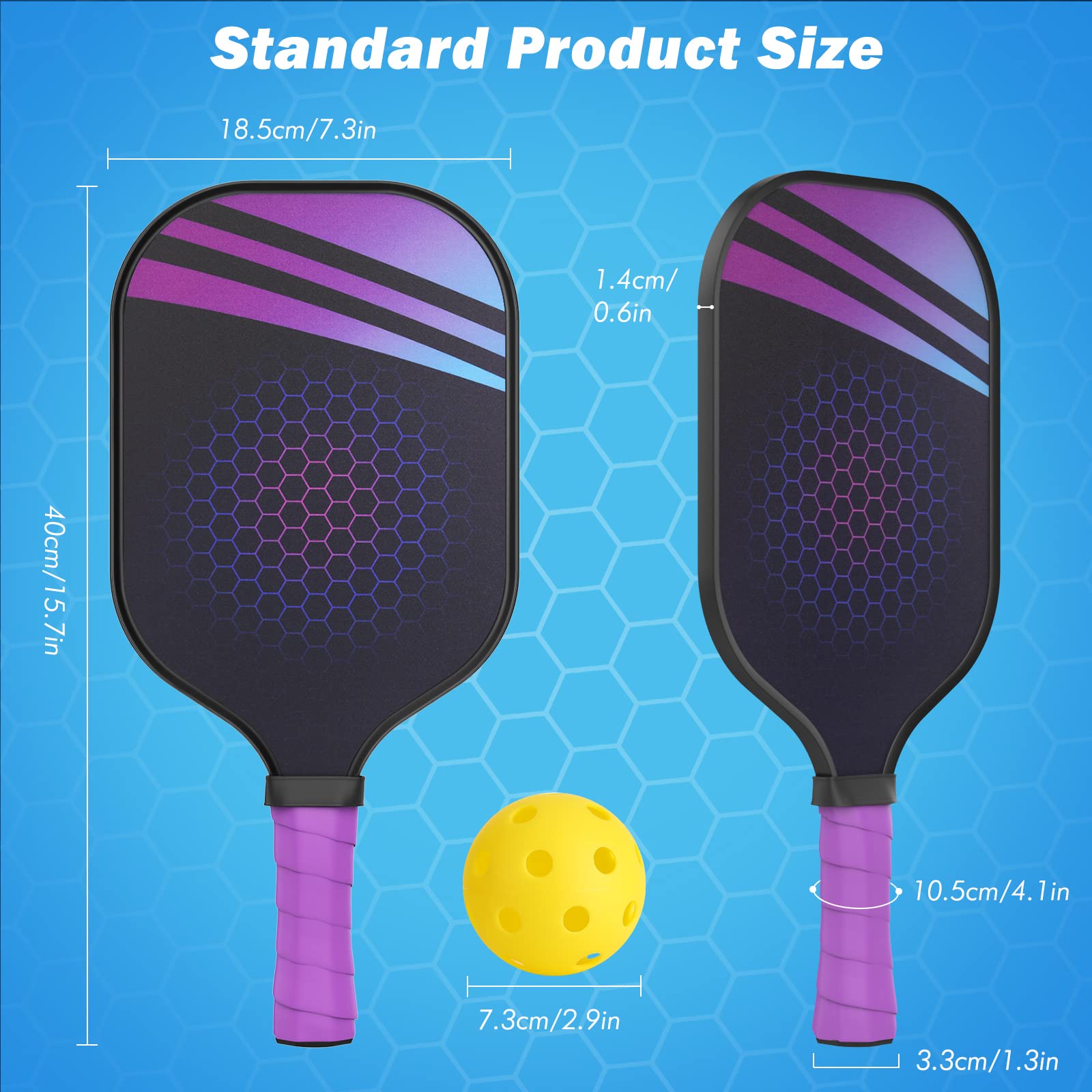 MoKo Pickleball Paddel Set, 2 Paar Leicht Pickleball Schläger aus Fiberglas mit 4 Pickleball Bälle und 1 Pickleball Tasche für Indoor Outdoor Sport Anfänger und Professionelle Spieler, Blau + Lila