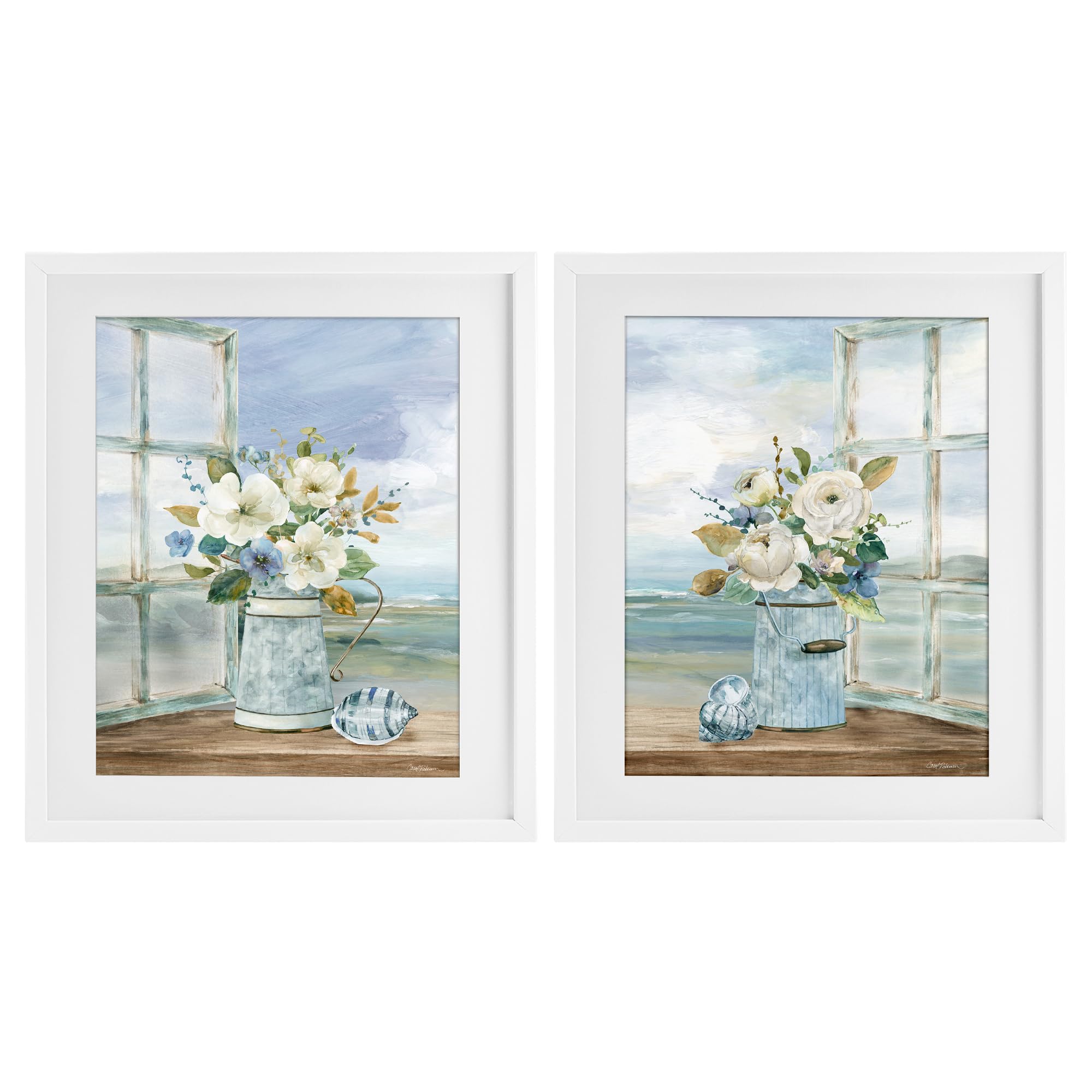 'Seaside Bouquets in Window'| 2pc Framed Print Under Glass Set