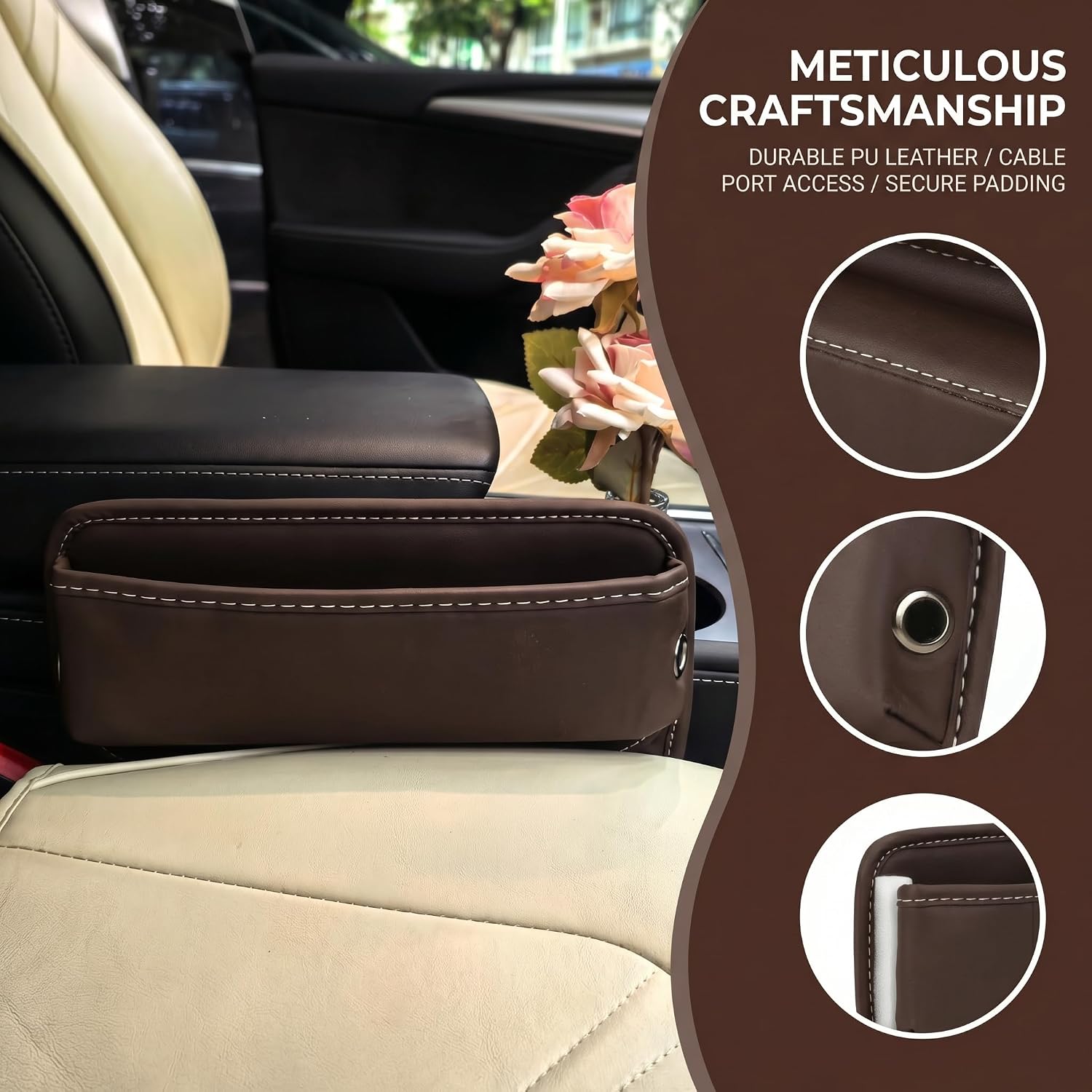 Car Seat Gap Organizer | PU Leather Seat-Side Storage Pocket with Cable Port | Fits Most Cars, SUVs and Trucks | Black