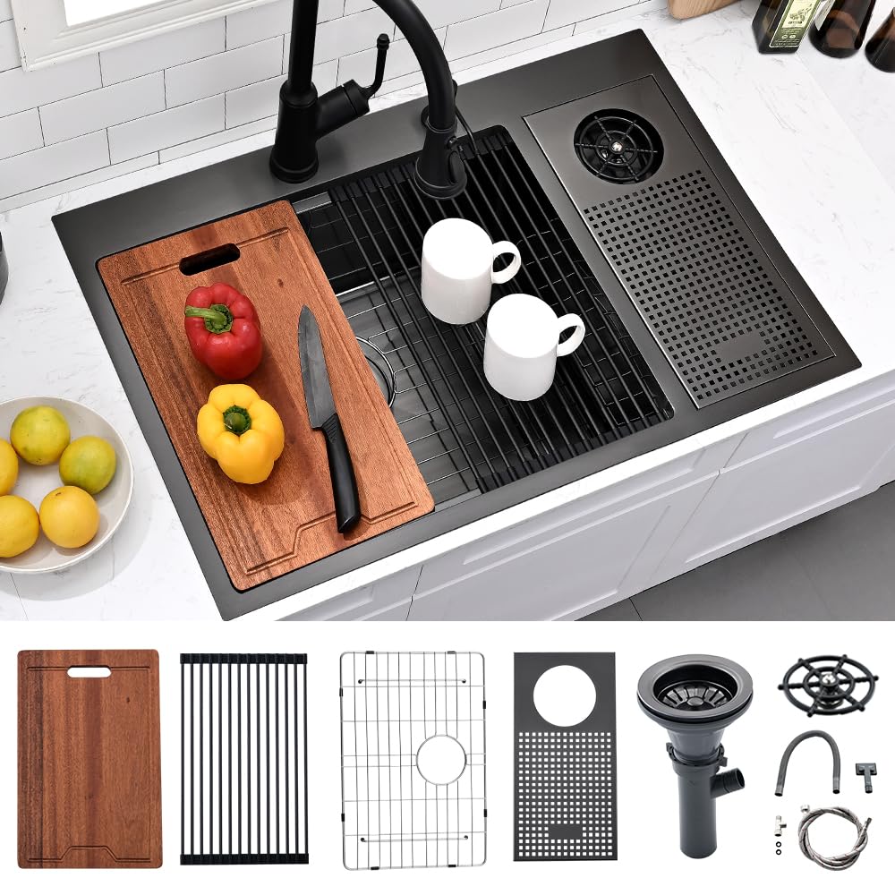 33x22 Black Stainless Steel Drop In Kitchen Sink With Glass Rinser Workstation, Swift Horse 33 Inch 16Gauge Black Stainless Steel Drop In Kitchen Sinks With Cup Washer