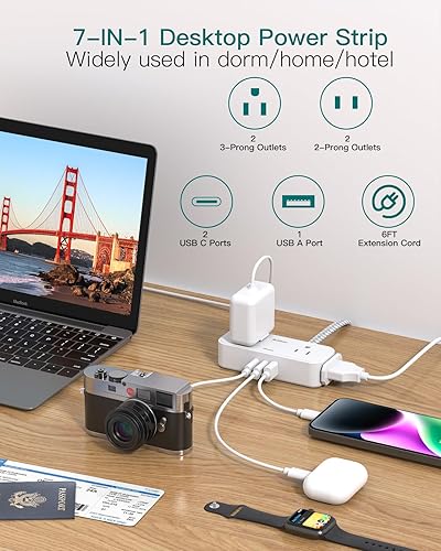 Miniatura 2 de Cruise Ship Essentials - Regleta plana de viaje, cable de extensión plano de 6 pies con 4 tomas, 3 puertos USB (2 USB C), pequeña regleta de