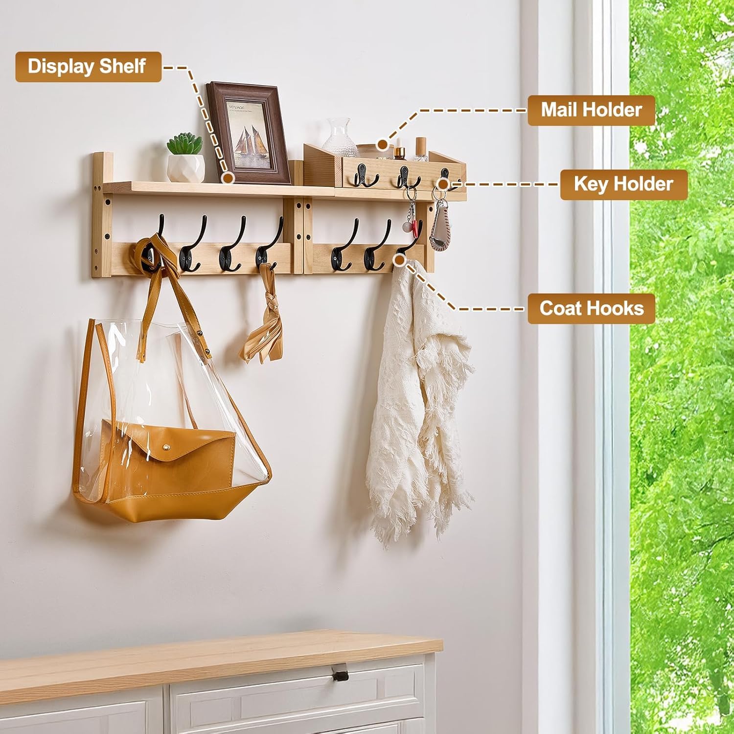 28.9" Wall Hanger Coat Rack Key Holder Wall Mount with Shelf,11Shelf with Coat Hooks Wall Mount, Coat Hangers for Bathroom, Living Room, Bedroom (Wood Color)