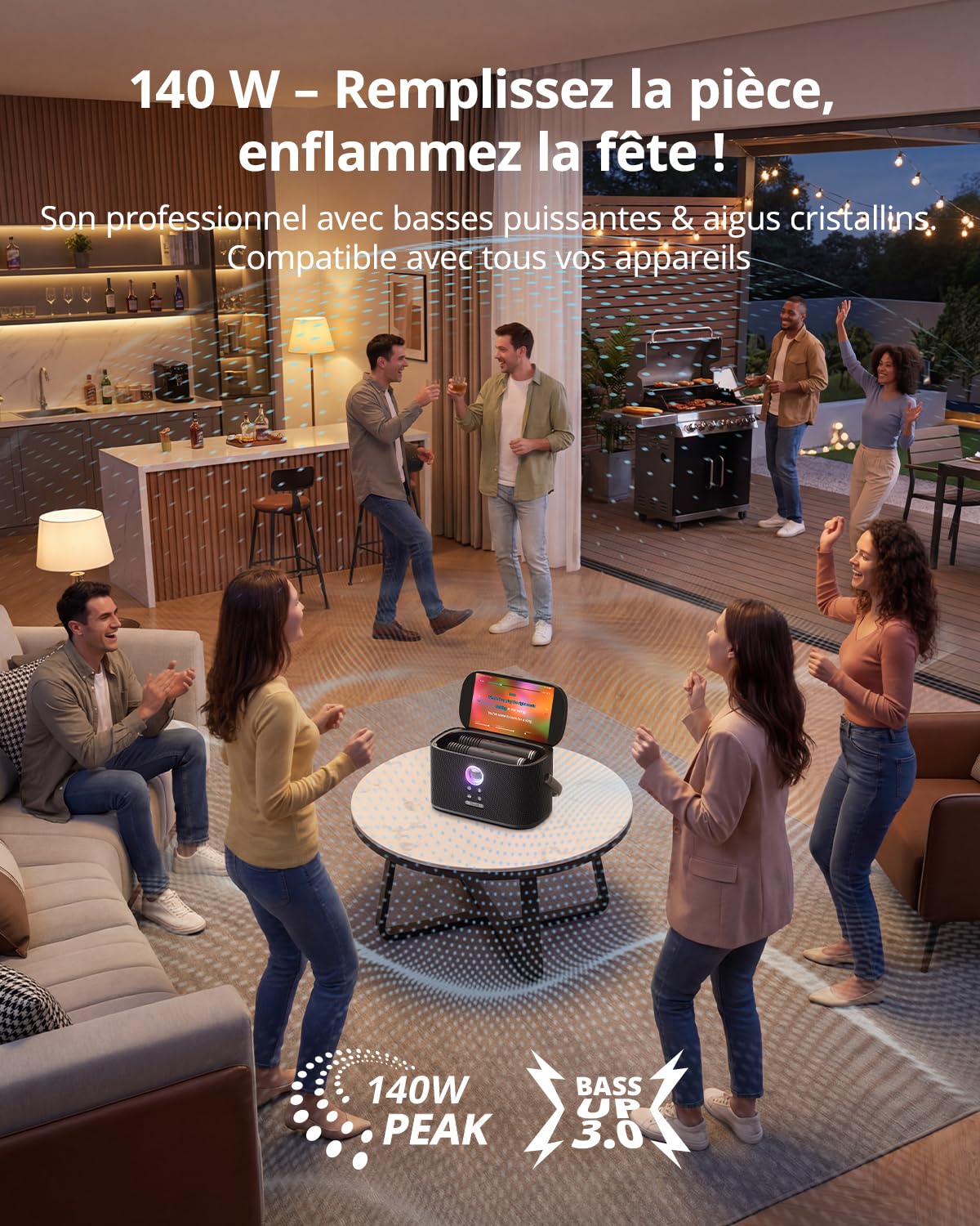 Ikarao Karaoké Adulte - Enceinte Pro avec Écran et 2 Micros sans Fil - 140W - Compatible Wi-FI, HDMI et TV - Idéal pour Fête - Abonnement Karafun Inclus（Shell S2）